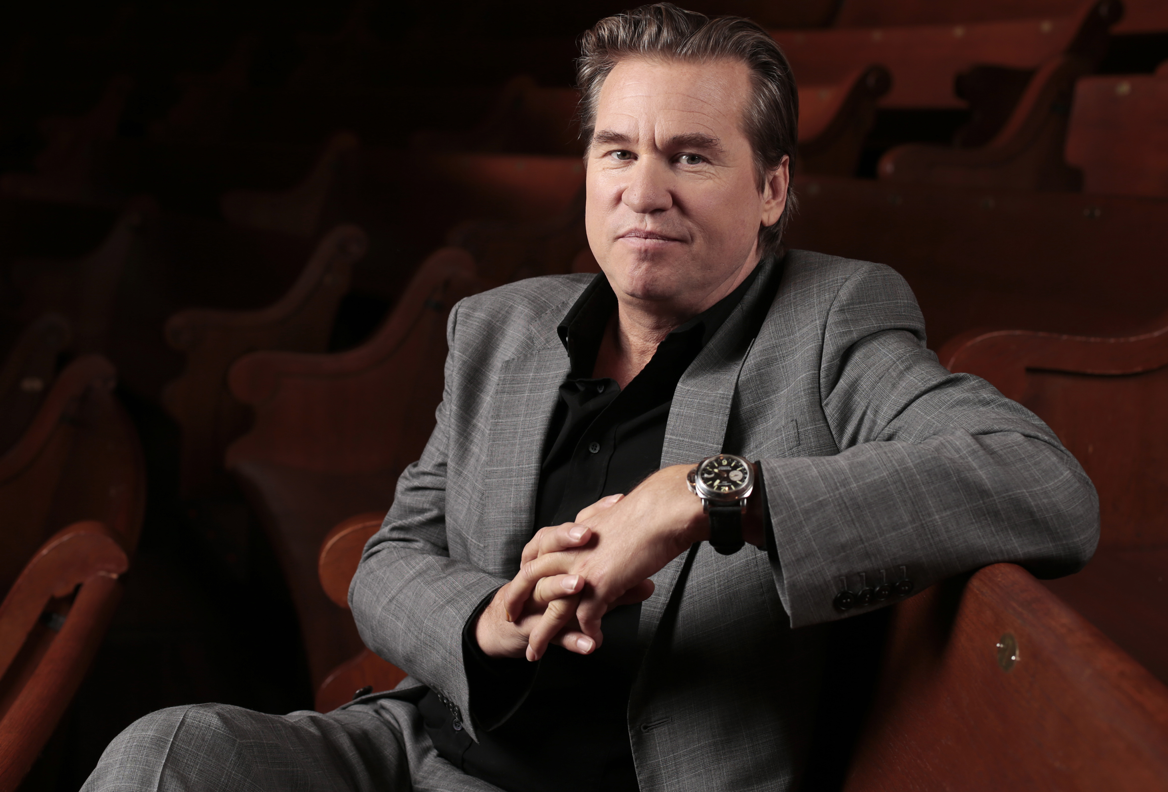In this Jan. 9, 2014 photo, Val Kilmer poses for a portrait in Nashville, Tenn. Kilmer is undergoing tests for a possible tumor, according to his representative. Liz Rosenberg confirmed Saturday, Jan. 31, 2015 that the 55-year-old actor is at a Los Angeles hospital and that doctors are ìencouraged by his progressî and hopeful he will make a full recovery. (AP Photo/Mark Humphrey)